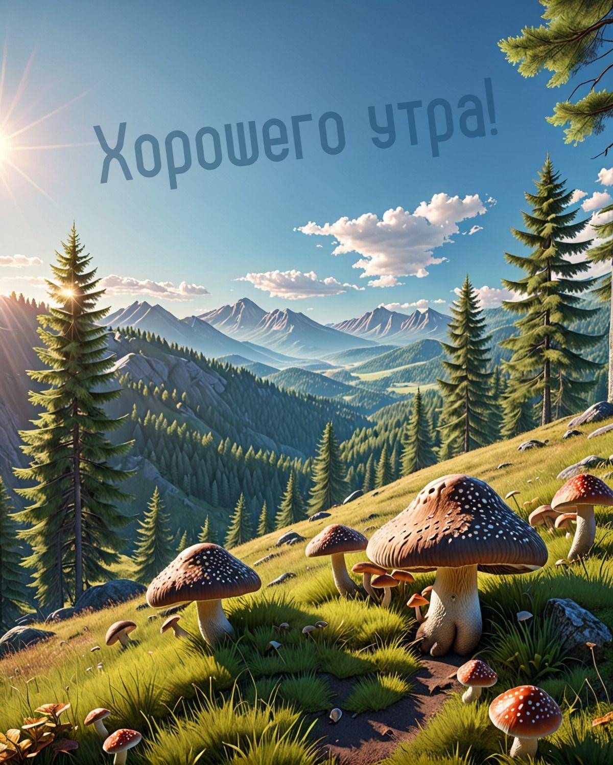 Пейзаж с грибами на переднем плане и горами вдалеке