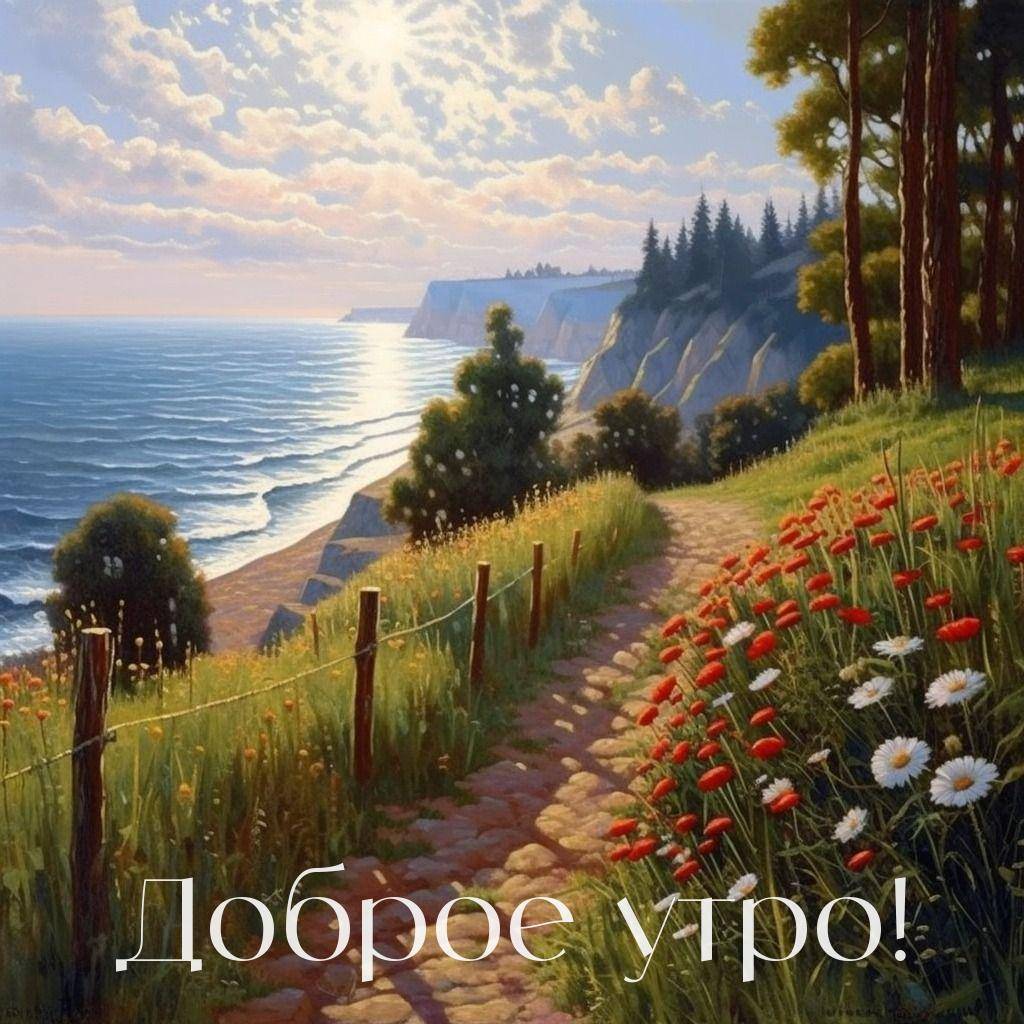 Пейзаж с морем, деревьями и цветами