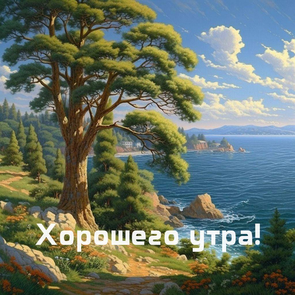 Пейзаж с морем, сосной, цветами и видом на берег