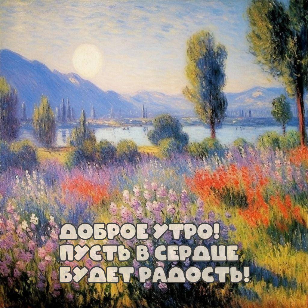 Пейзаж с полем цветов, деревьями и горами на фоне