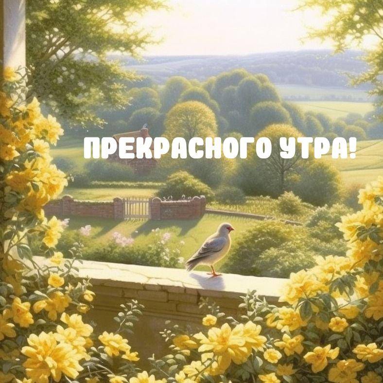 Пейзаж с птицей на переднем плане, жёлтые цветы, деревья