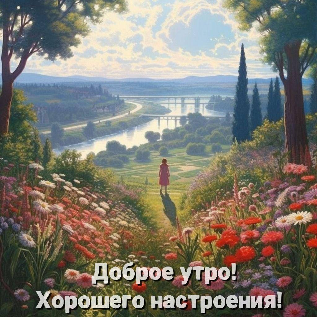 Пейзаж с рекой, цветами и фигурой на тропинке