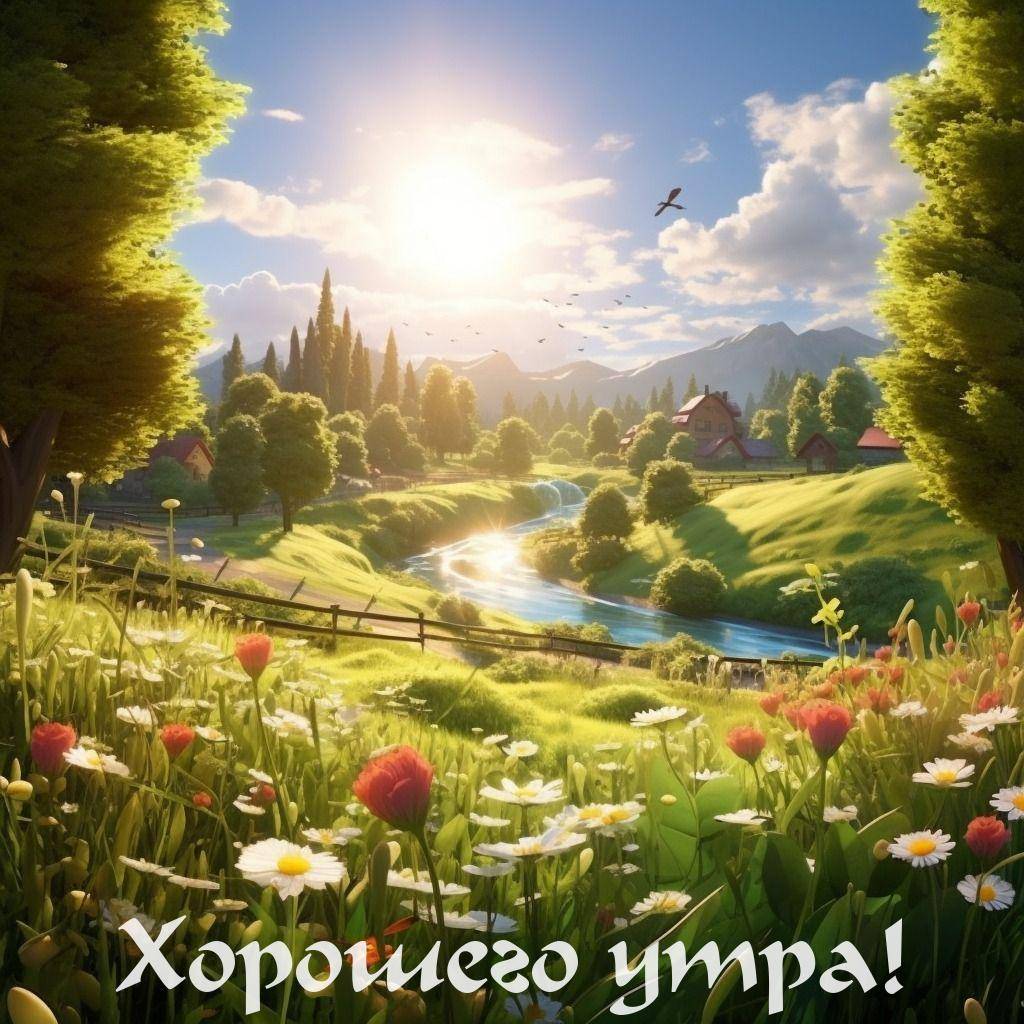 Пейзаж с рекой, зелеными деревьями и цветами