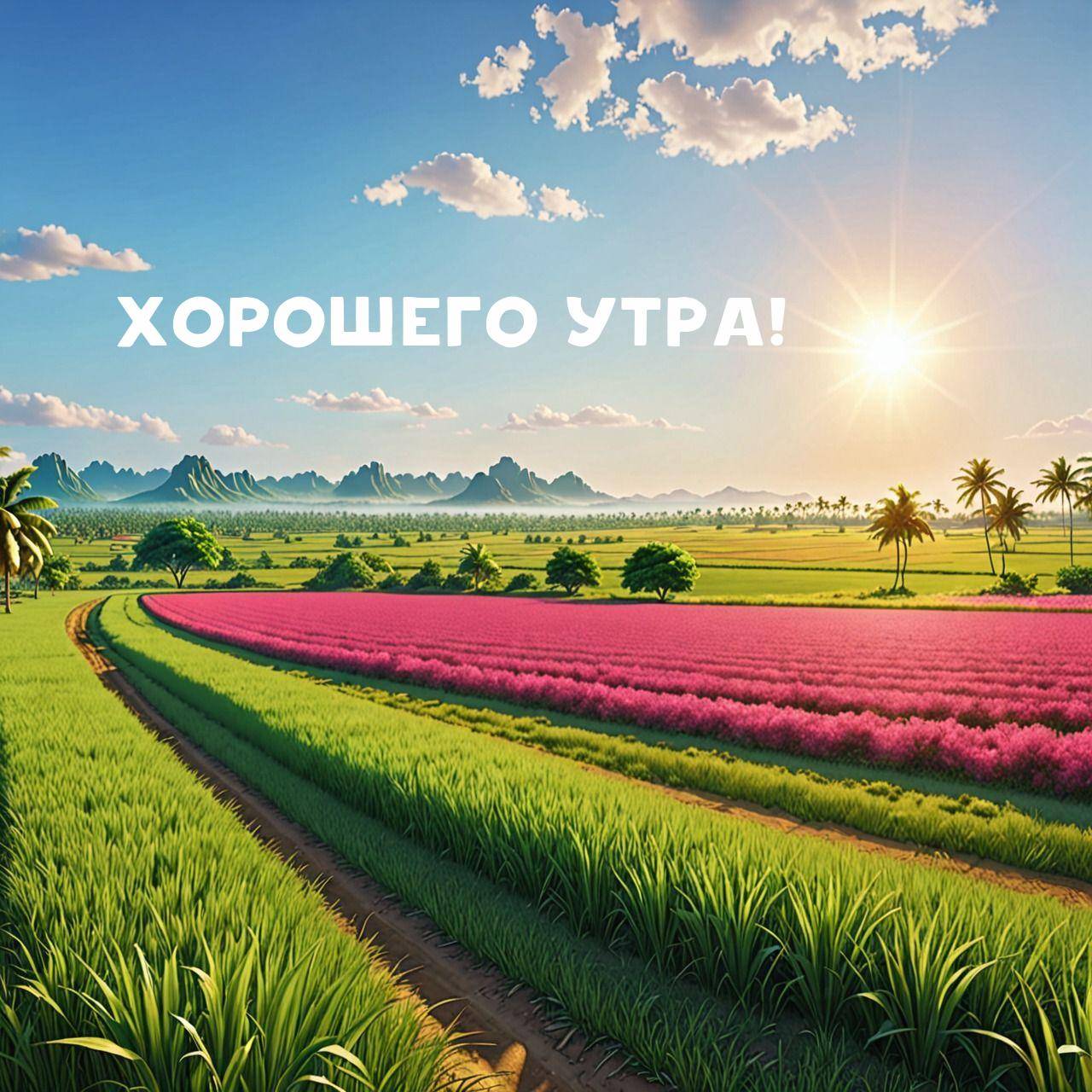 Пейзаж с розовыми полями и пальмами под ярким солнцем