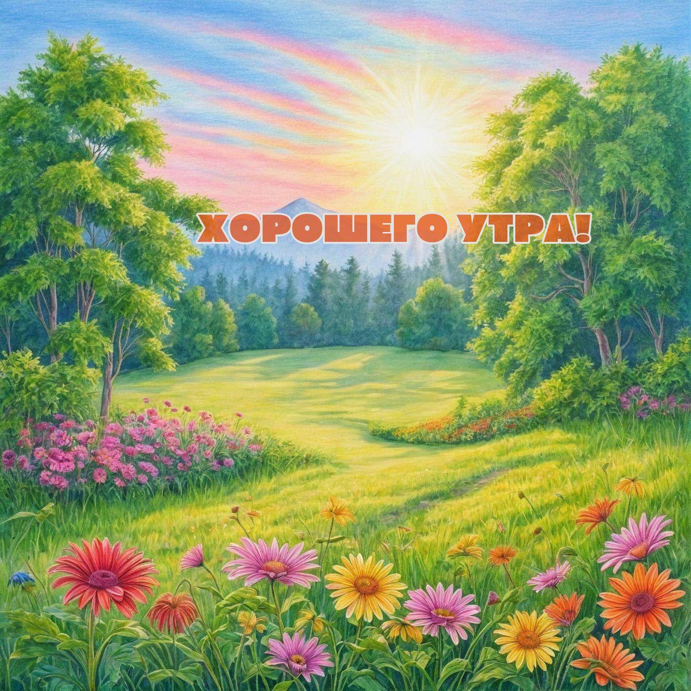 Пейзаж с цветами и горой на заднем плане