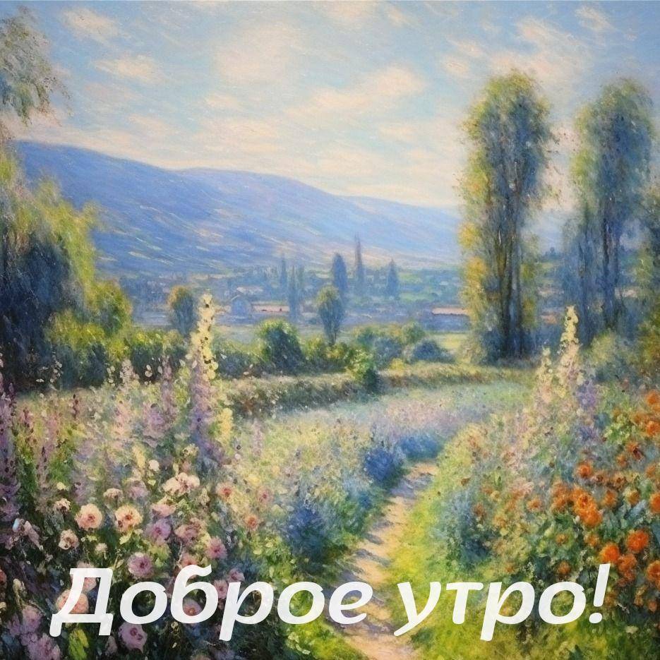 Пейзаж с цветущим полем и деревьями
