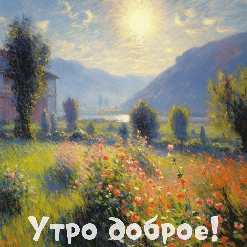 Пейзаж с цветущим полем и горами на заднем плане