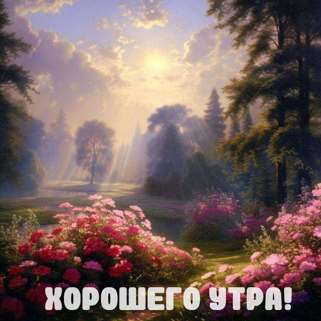 Пейзаж с цветущими кустами и лучами света