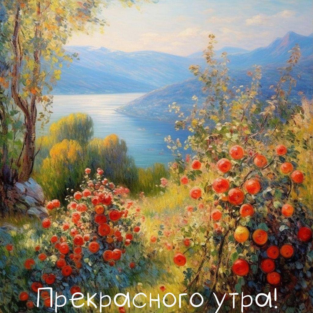 Пейзаж с цветущими кустами и озером