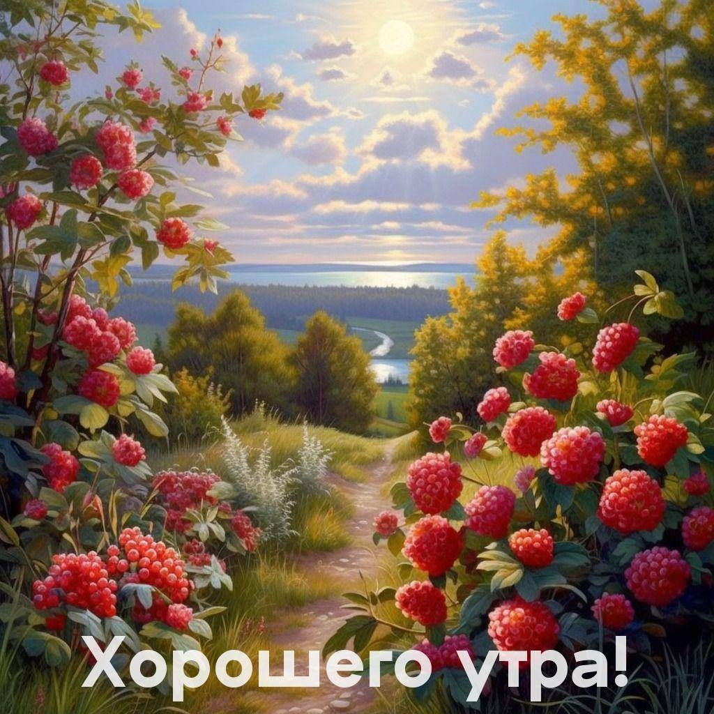 Пейзаж с цветущими кустами и рекой вдалеке