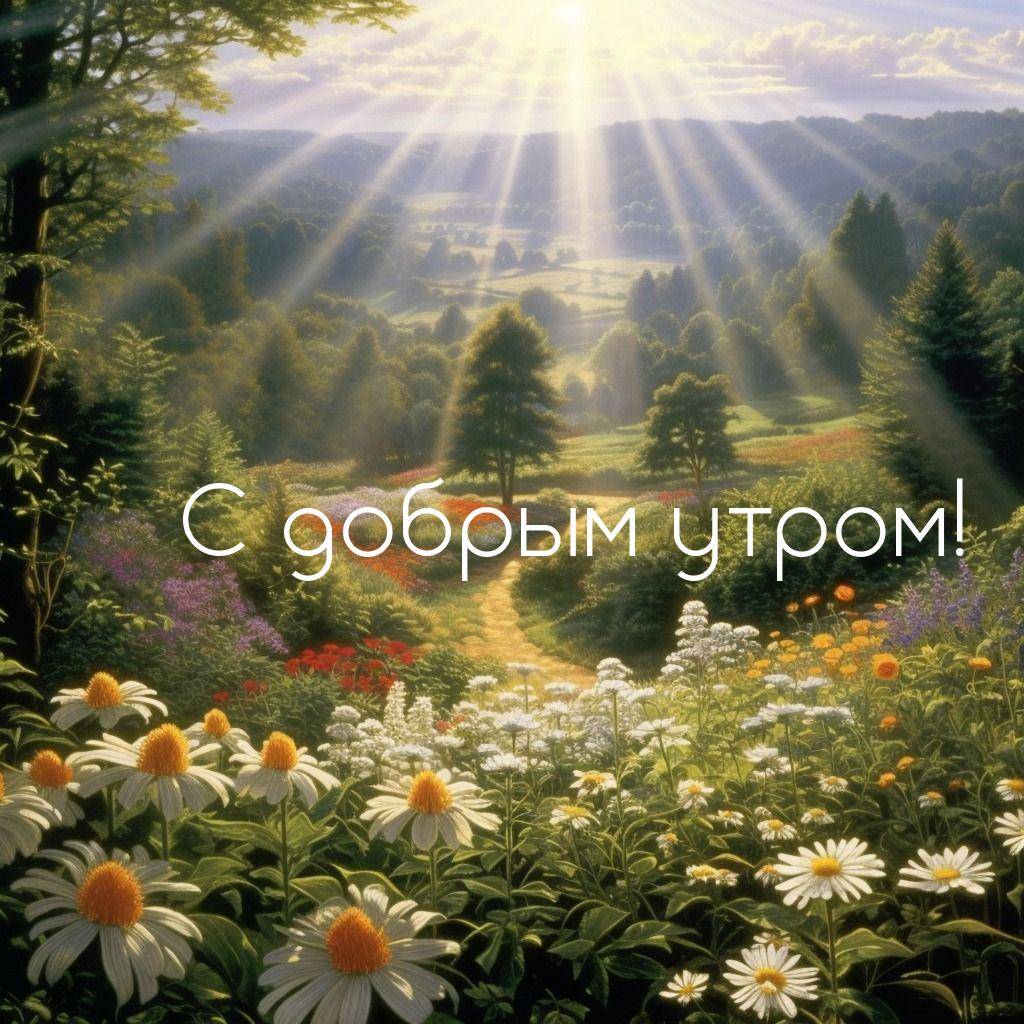 Пейзаж с цветущими полями и лучами солнца
