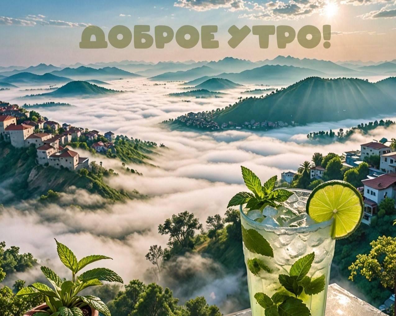 Пейзаж с туманом, стакан напитка, растения на переднем плане