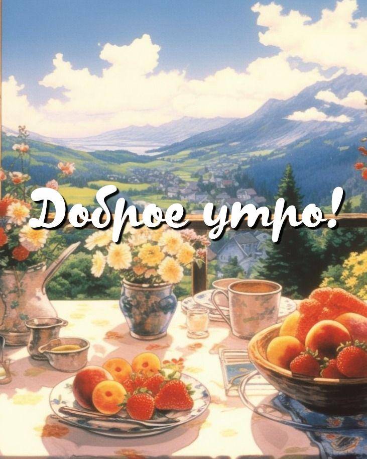 Пейзаж с видом на долину, цветы и фрукты на столе