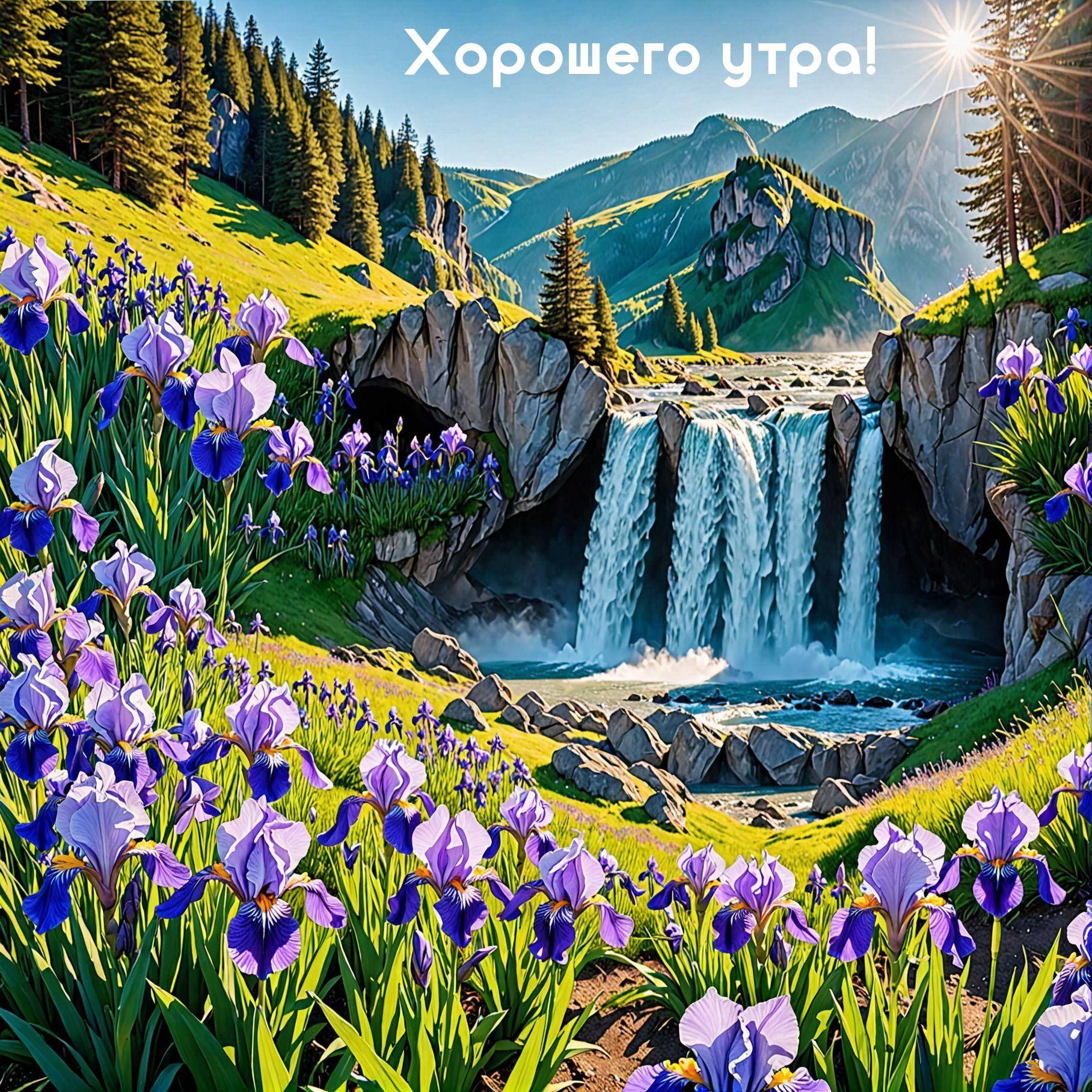 Пейзаж с водопадом, цветы ирисы на переднем плане