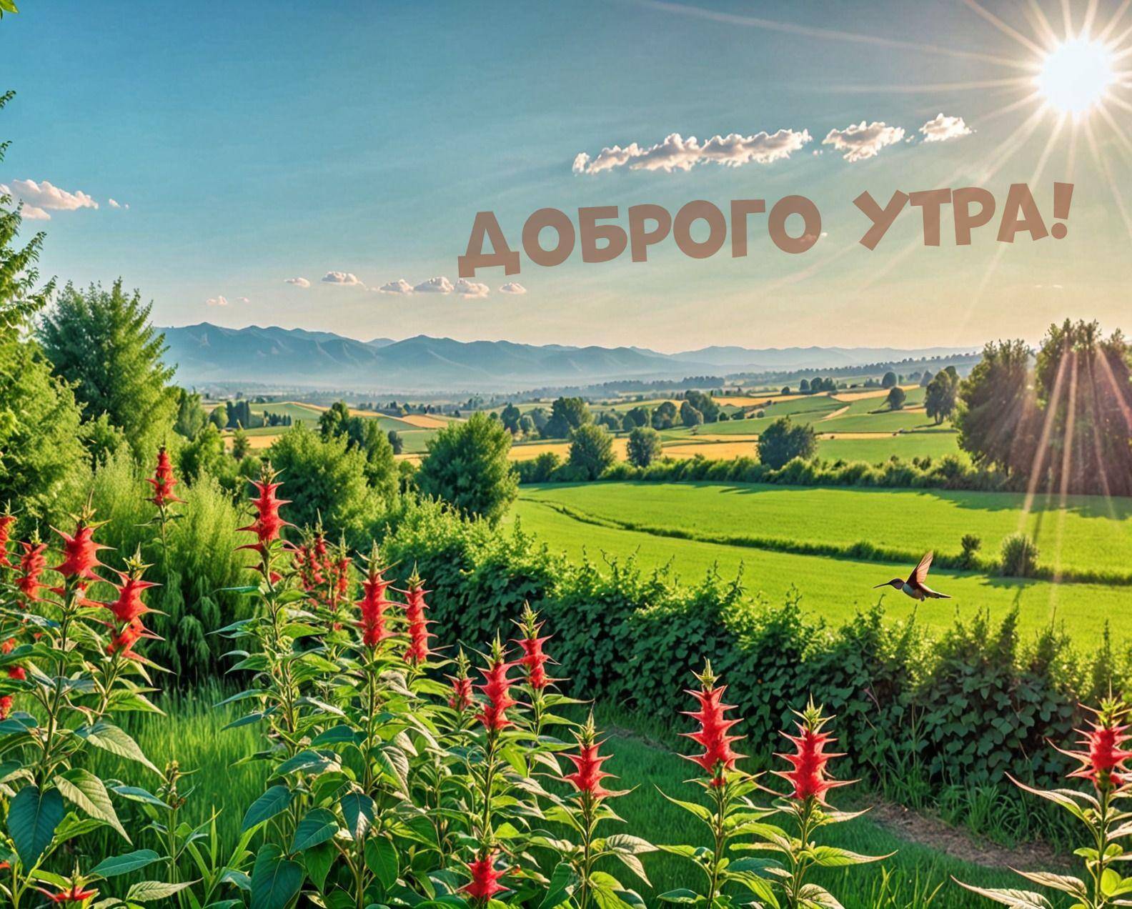 Пейзаж с зелеными полями и цветами на переднем плане