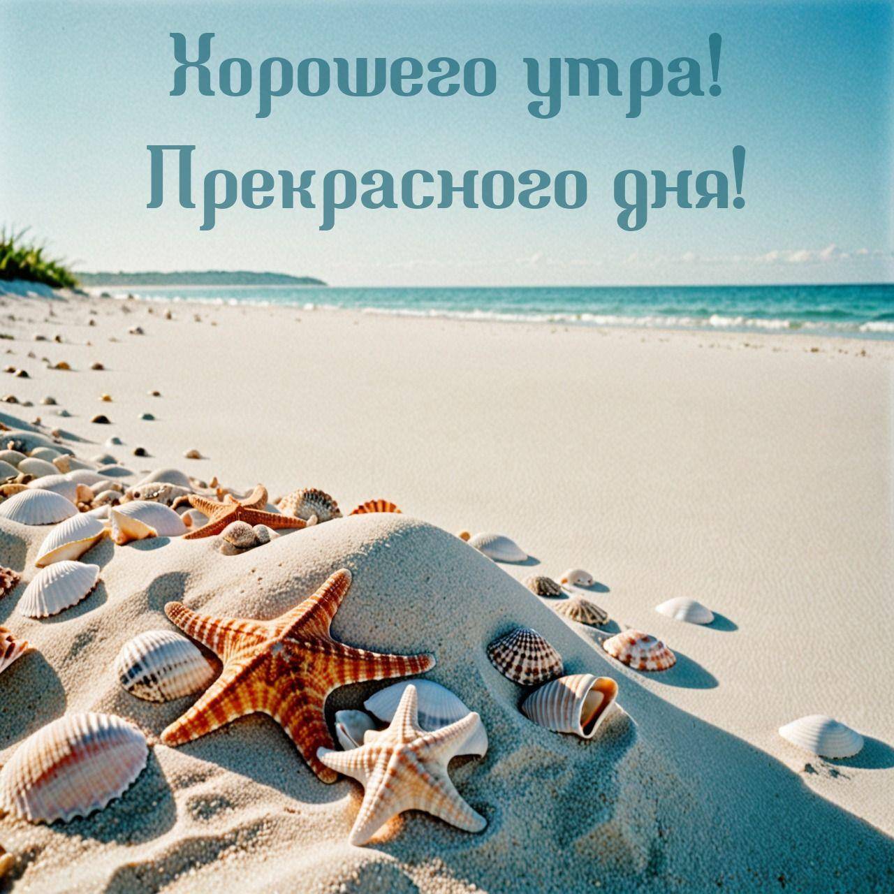 Песчаный пляж с ракушками и морскими звездами