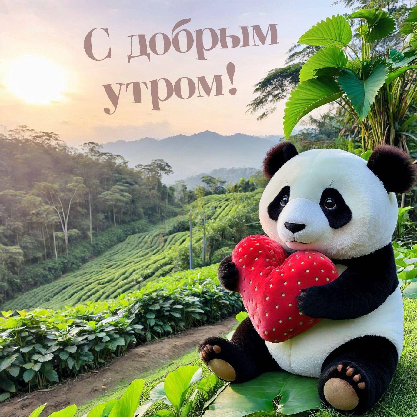 Плюшевая панда с сердцем на фоне чайной плантации
