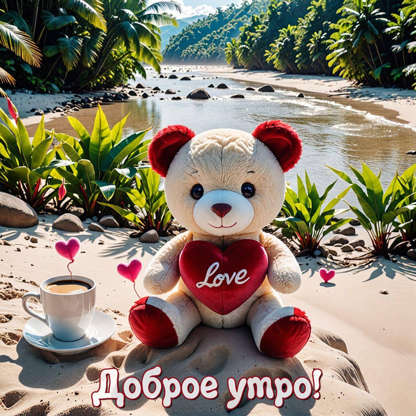 Плюшевый медведь с сердцем на пляже