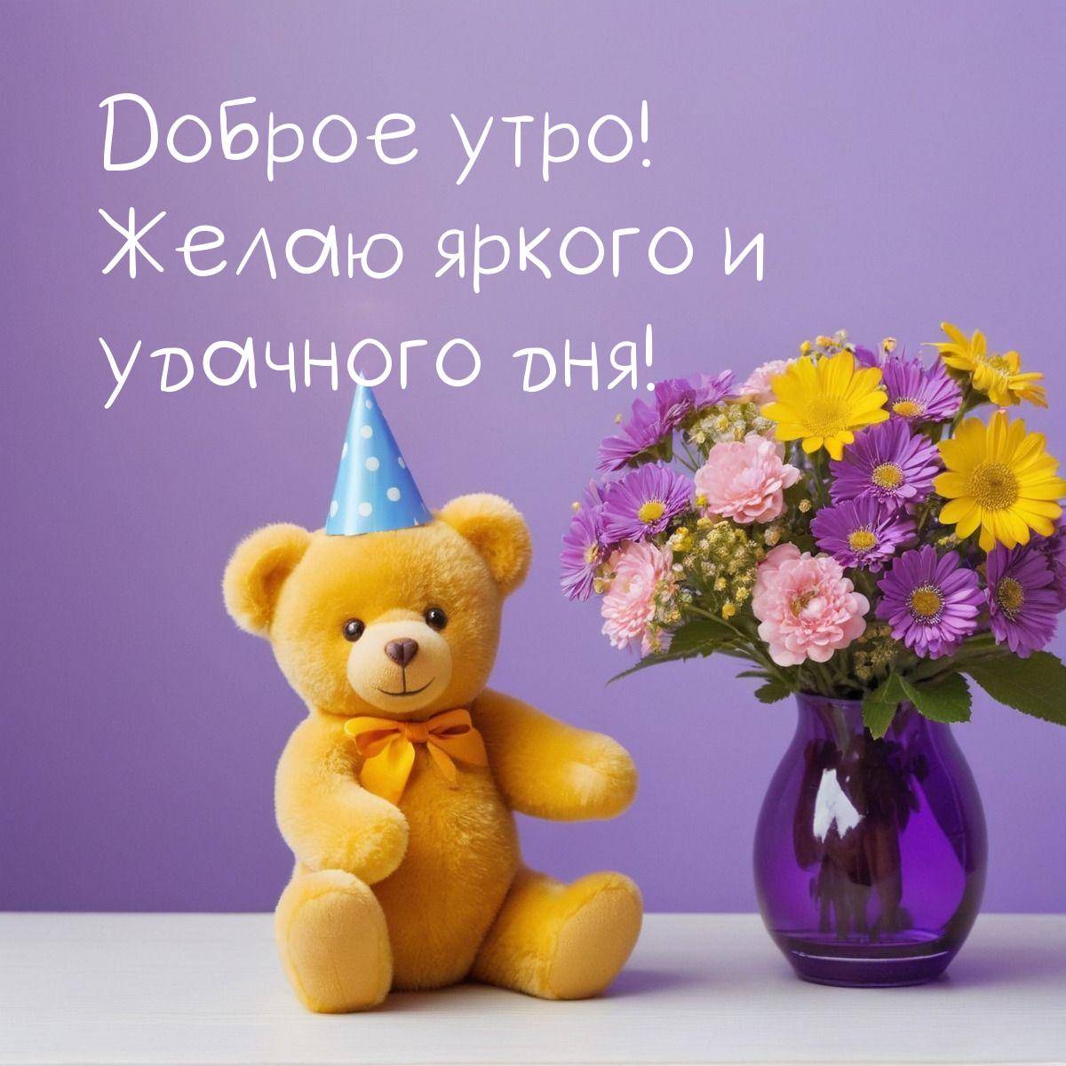 Плюшевый медведь с цветами на фоне лилового