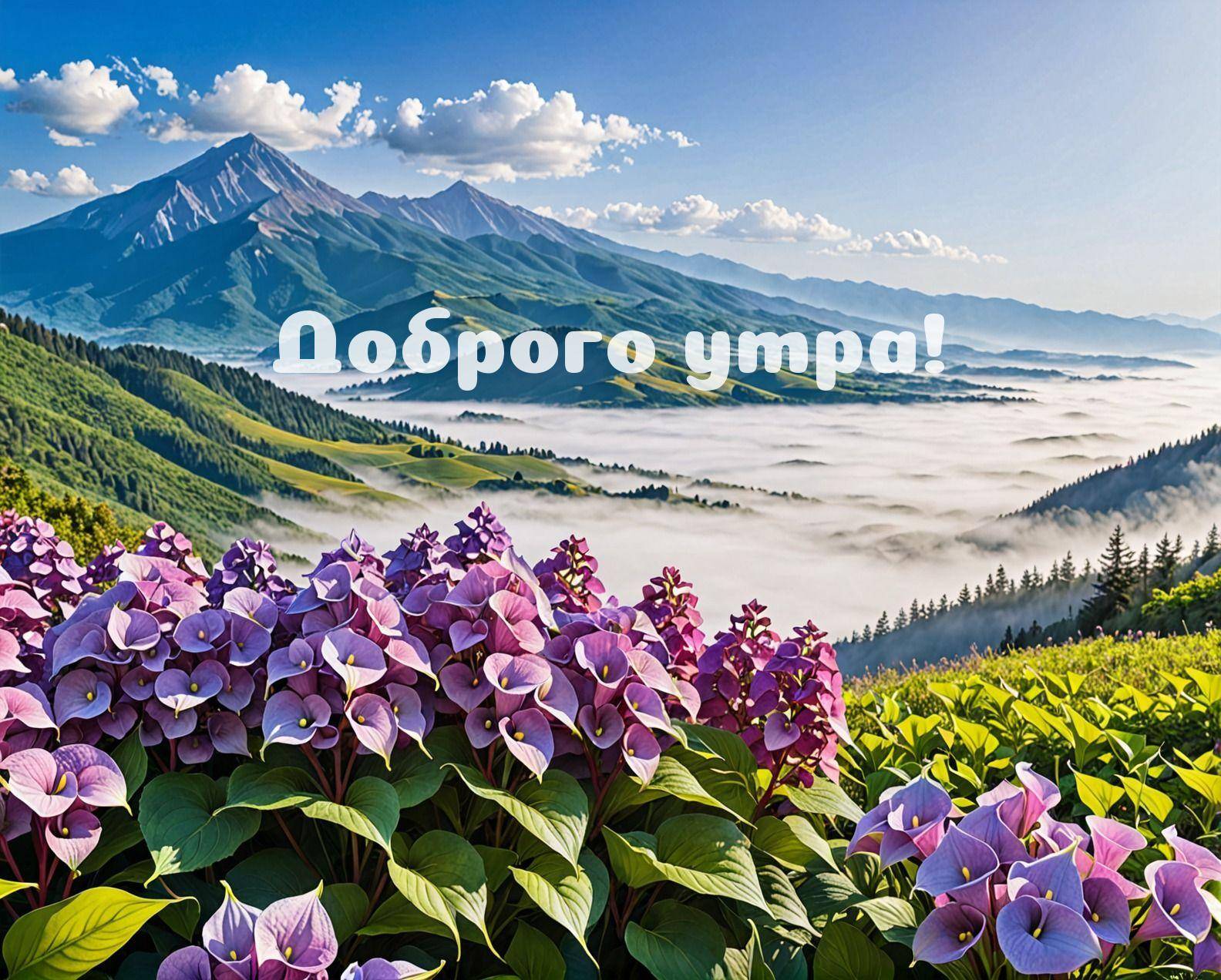 Поле фиолетовых цветов, горы вдалеке, море облаков