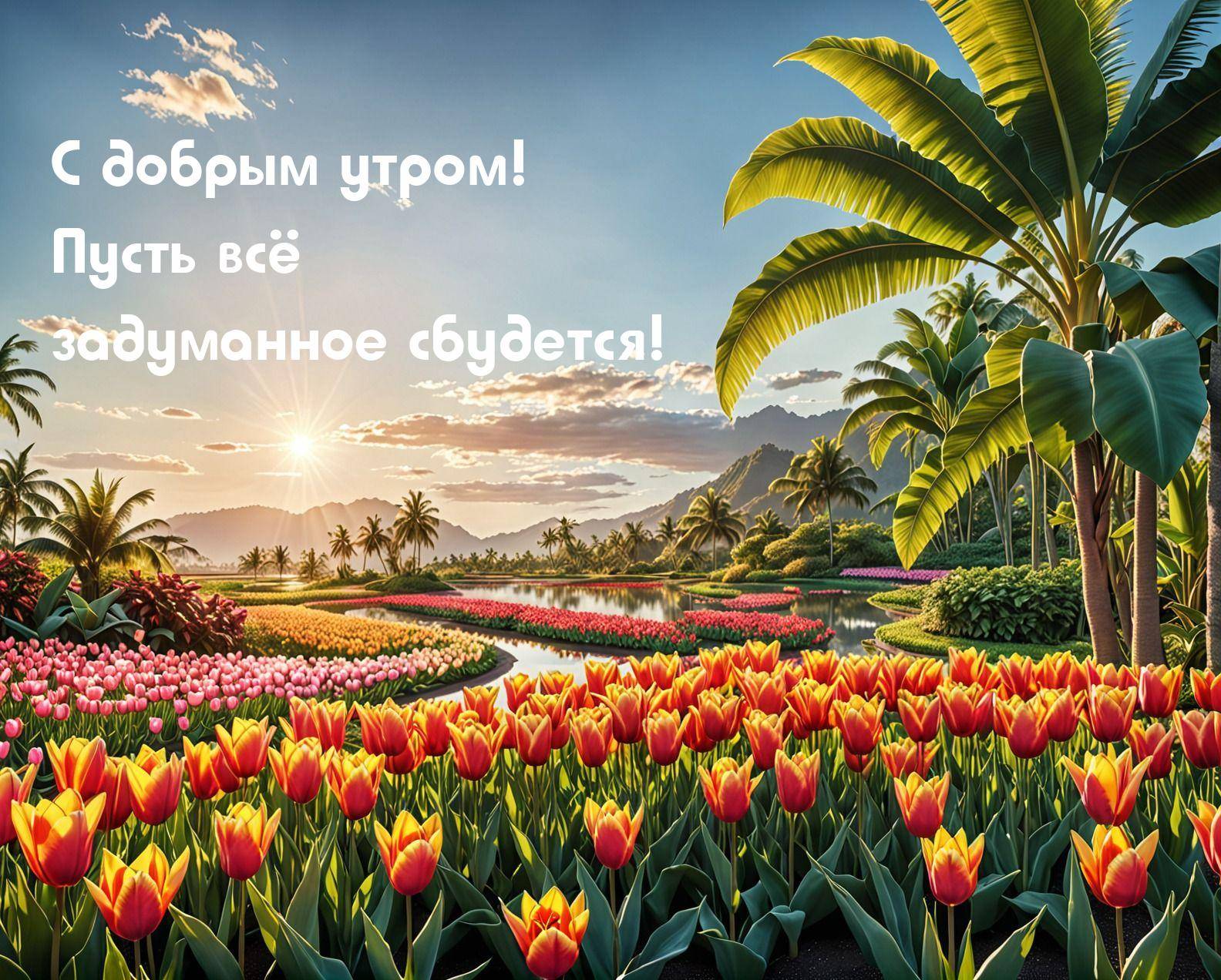 Поле разноцветных тюльпанов, пальмы, горы на рассвете