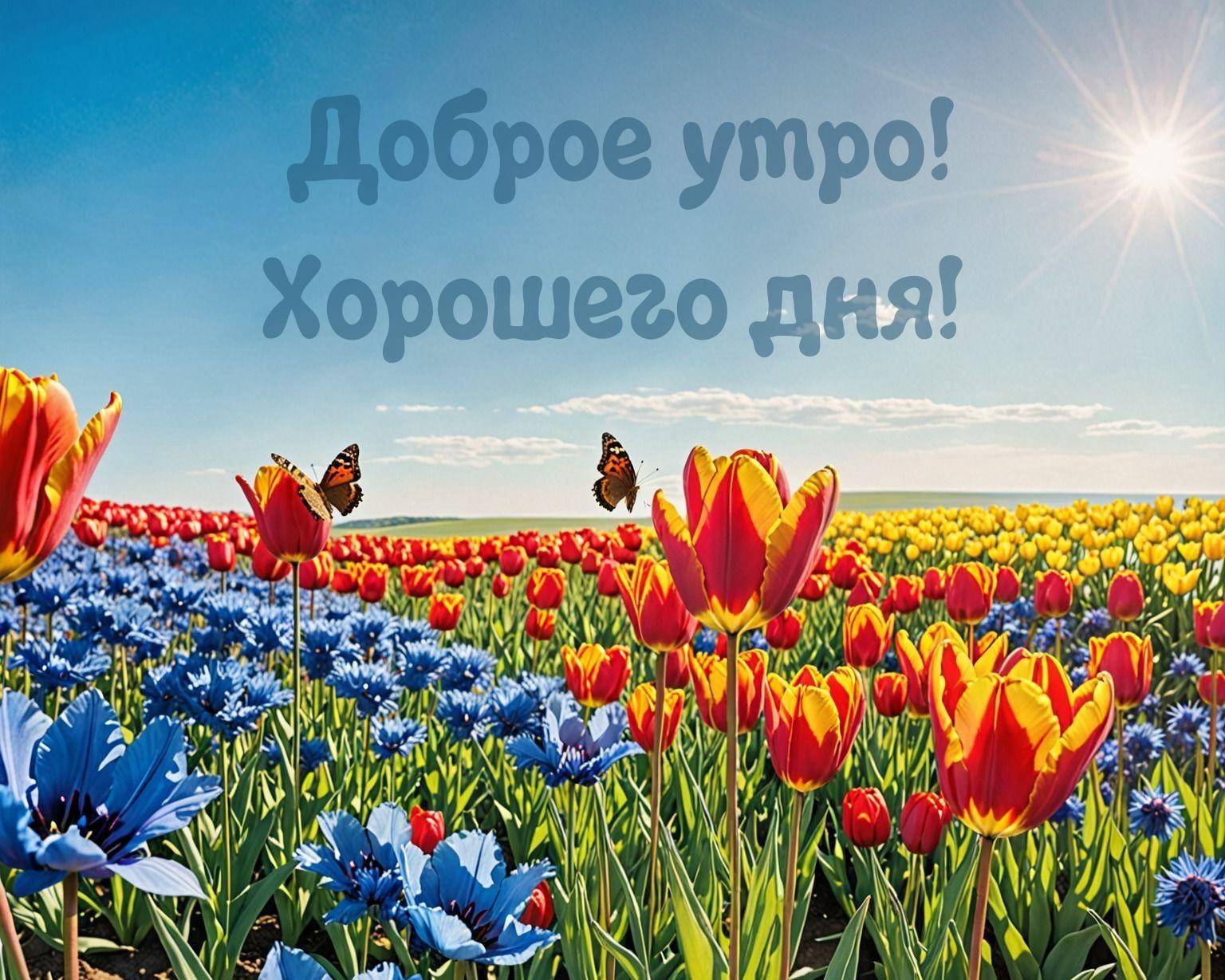 Поле разноцветных тюльпанов с бабочками