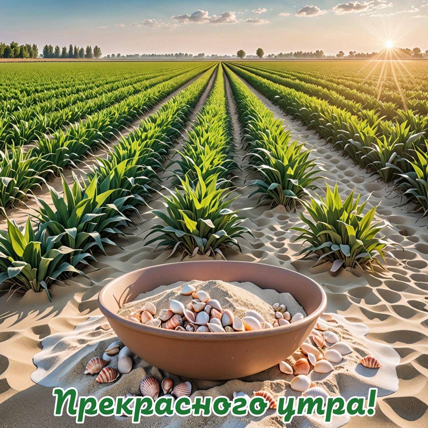 Поле с растениями и миска с ракушками на песке
