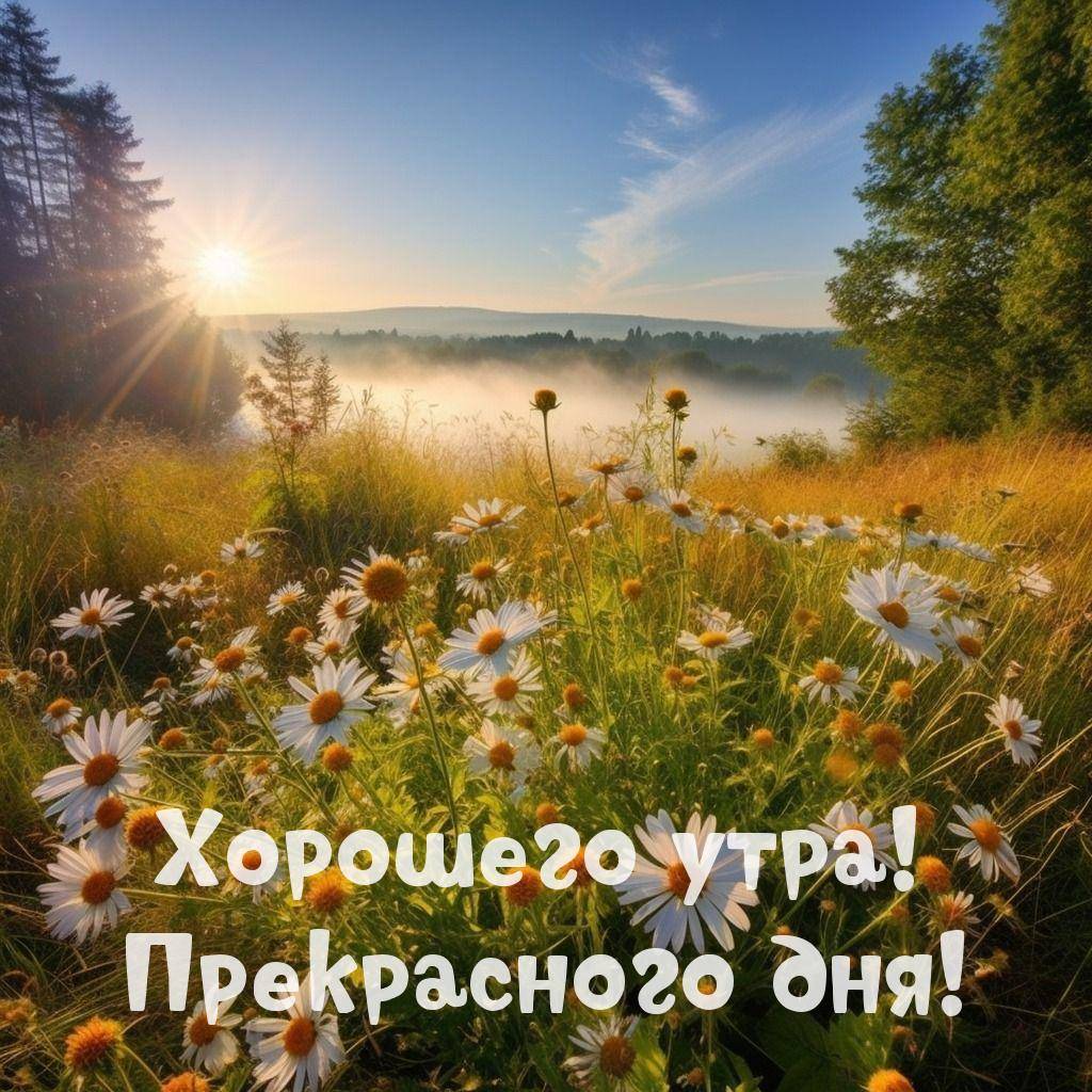 Поле с ромашками, туман над лугом, солнце сквозь деревья