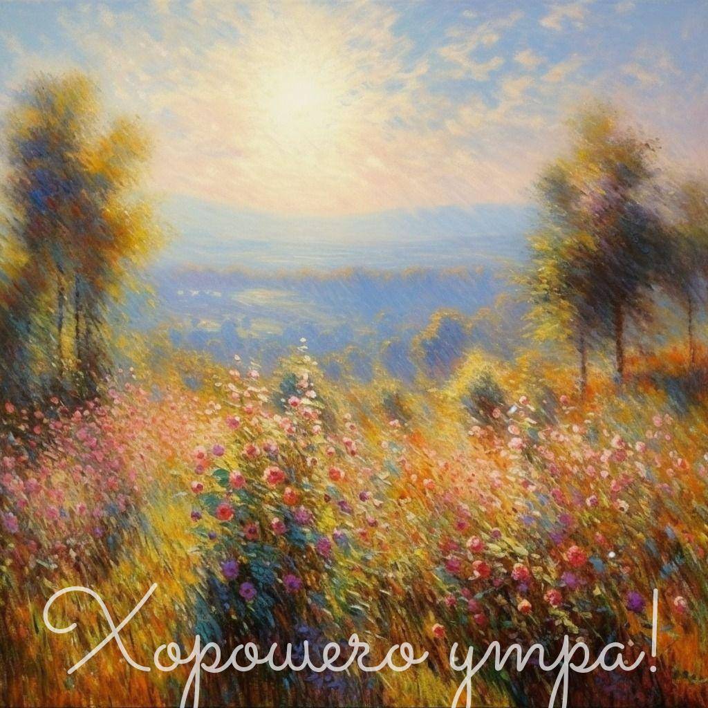 Поле с цветами, деревья, яркое солнце