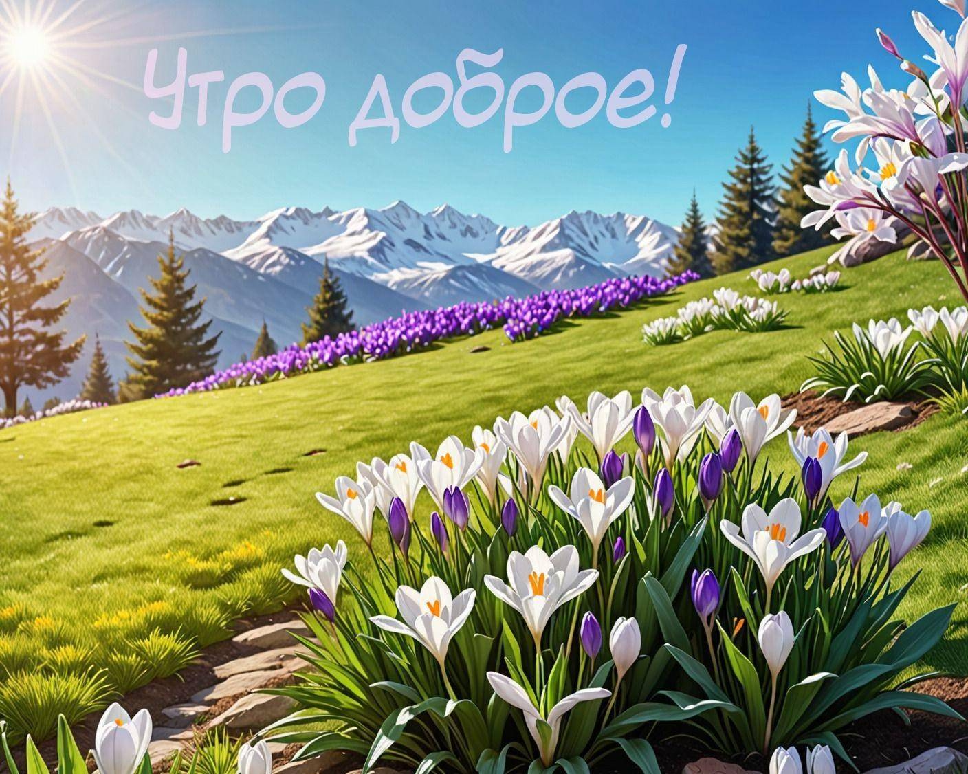 Поле с цветущими крокусами, зеленая трава, снежные горы