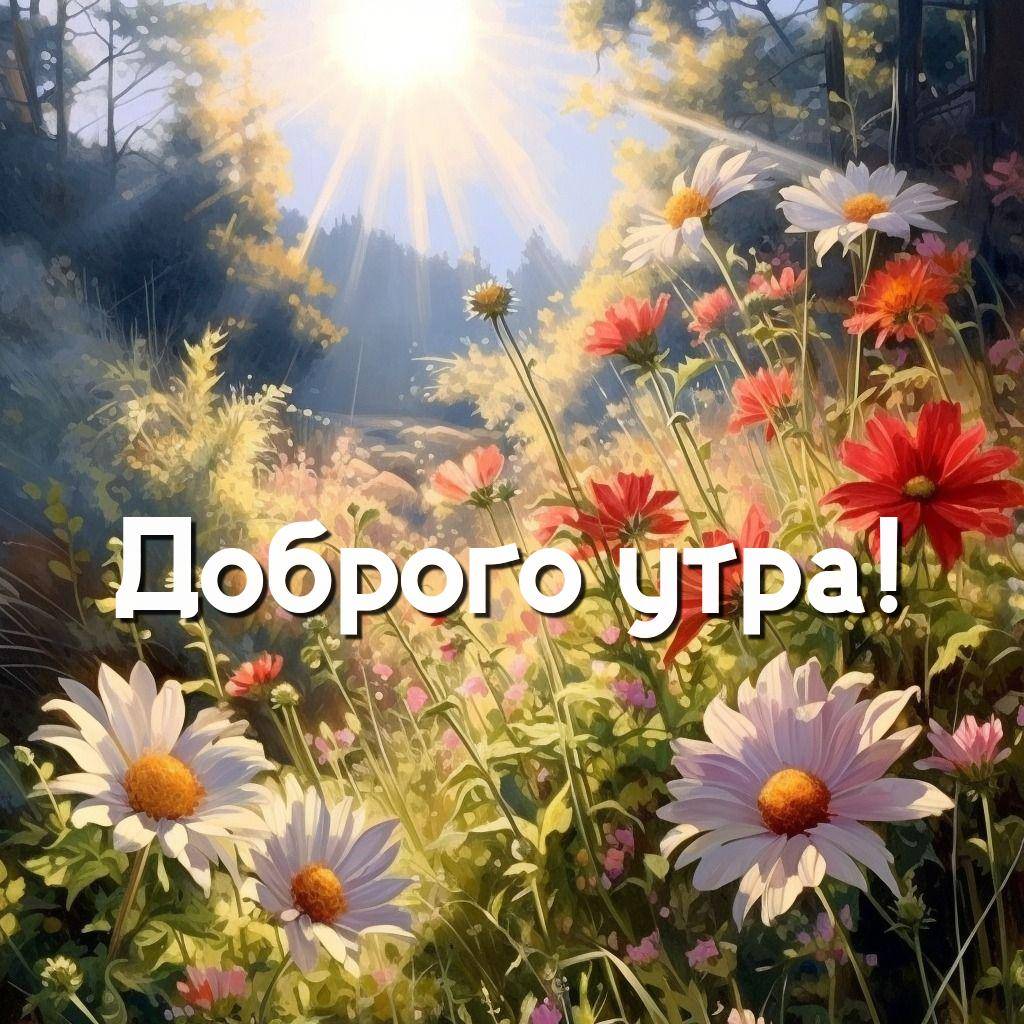Поле цветов под яркими лучами солнца, зеленые деревья