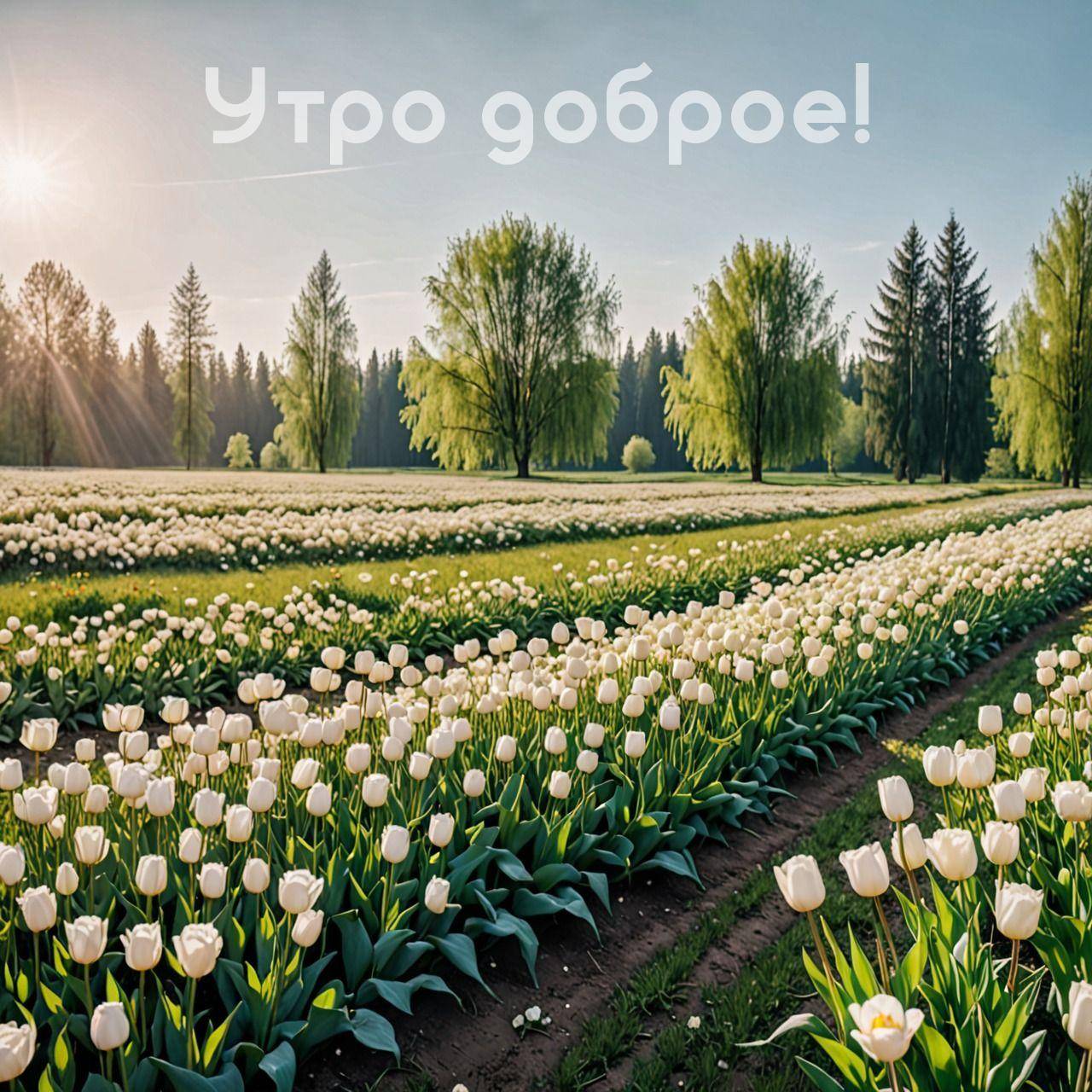 Поле цветущих тюльпанов под ярким небом
