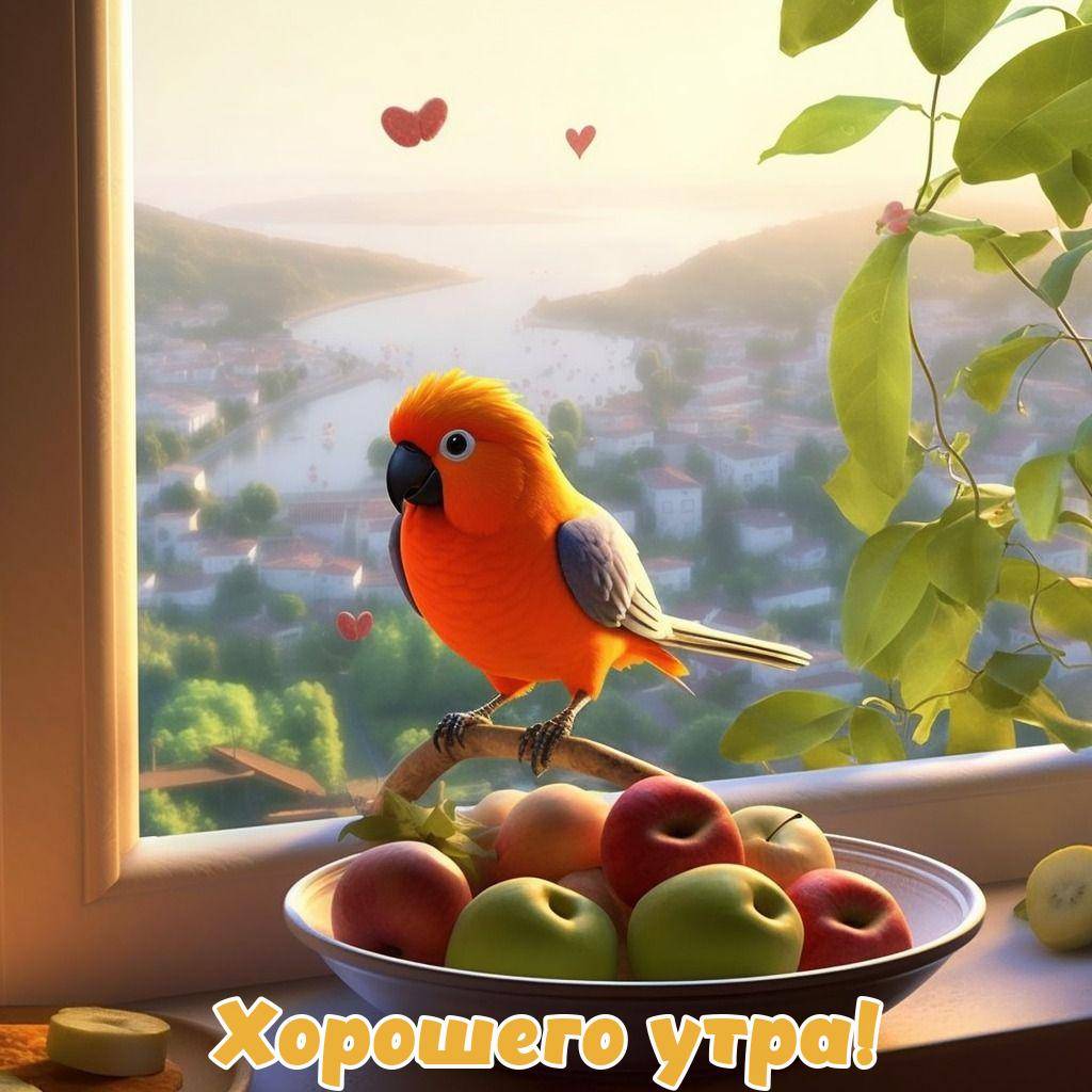 Попугай на подоконнике смотрит в окно