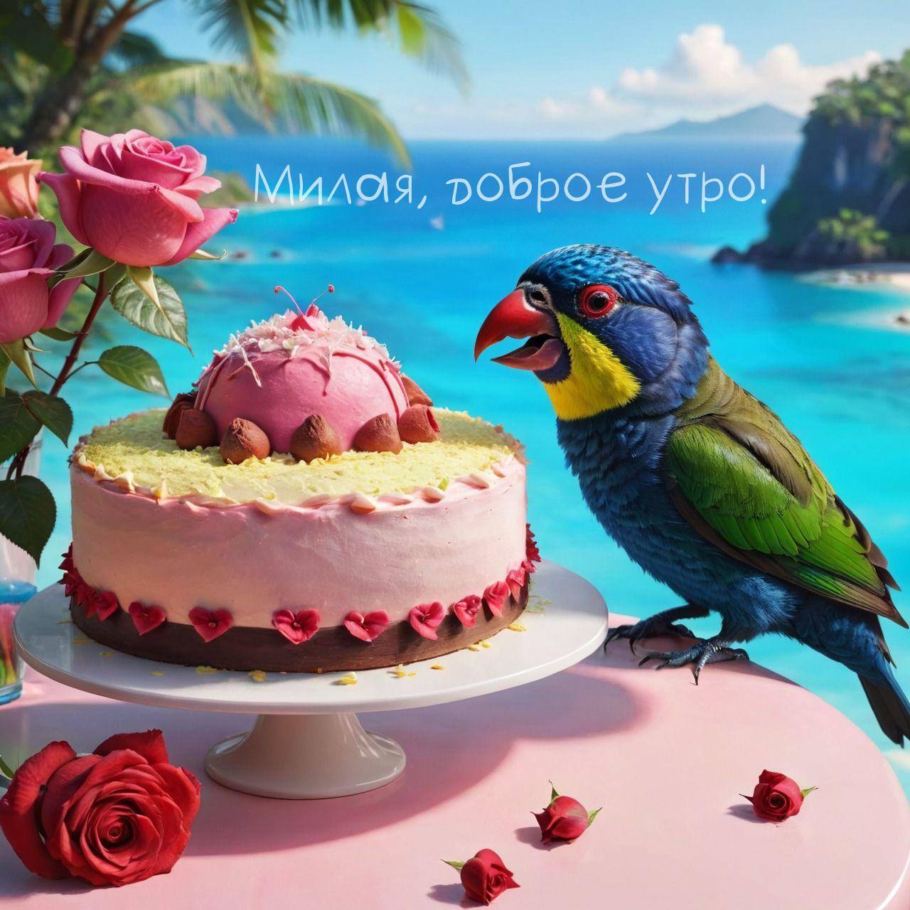 Попугай рядом с тортом на фоне океана и зелени