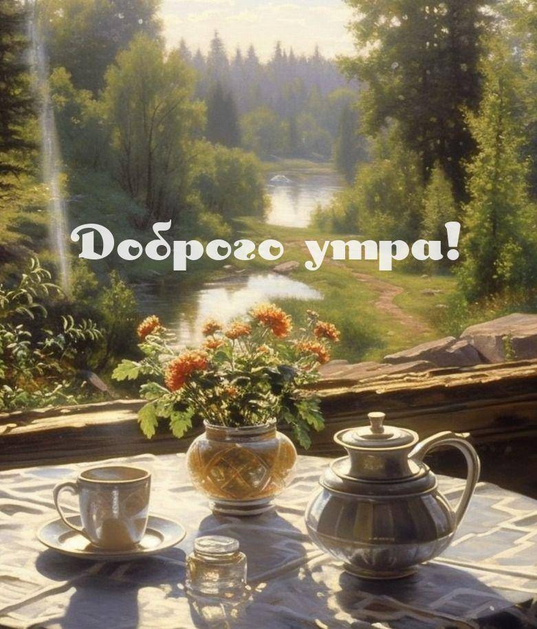 Природный пейзаж с чайным набором и цветами на подоконнике