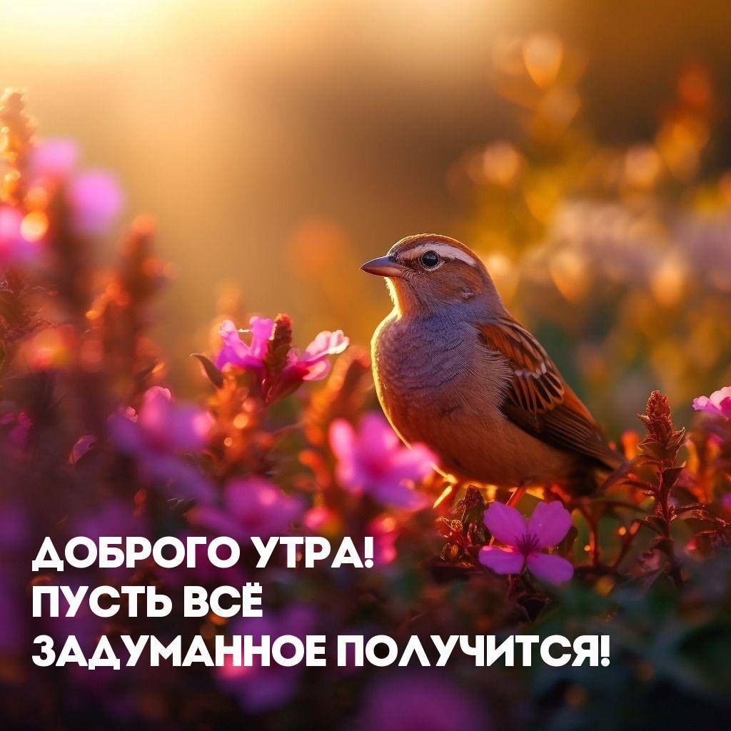 Птица на фоне цветущих кустов