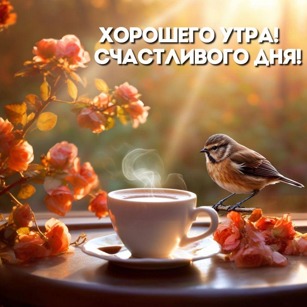 Птица на краю чашки с кофе, цветы, лучи солнца