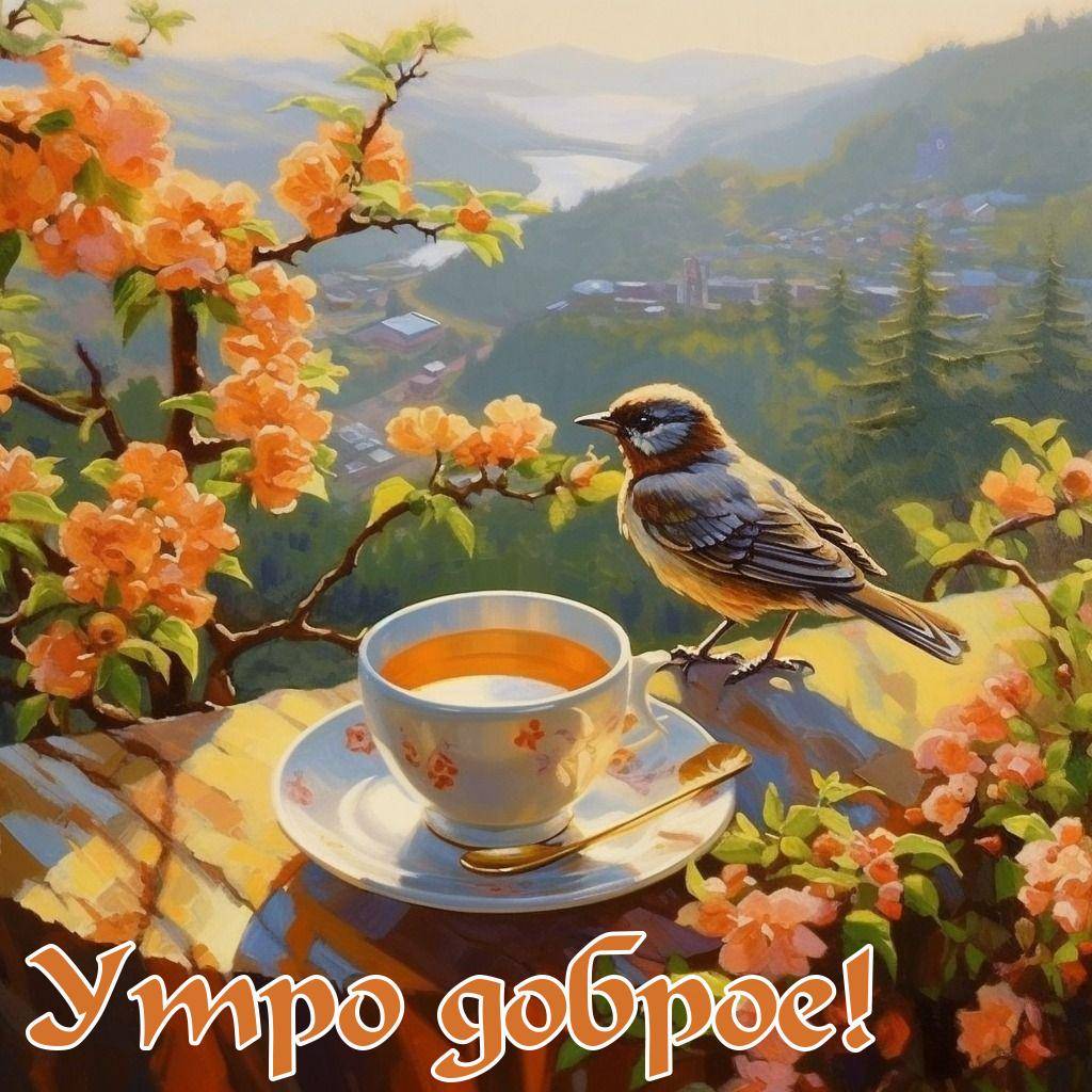 Птица на столе с чашкой напитка, цветы, пейзаж на заднем плане