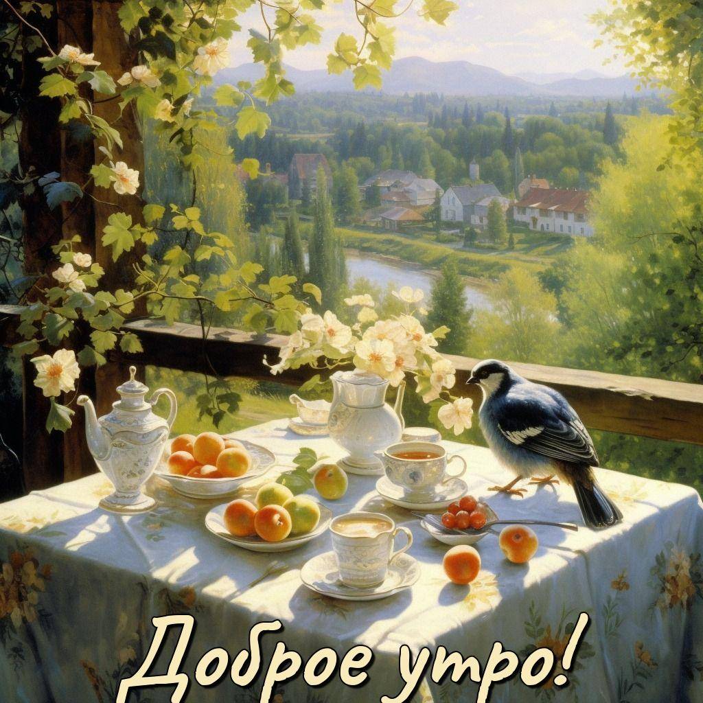 Птица на столе с фруктами и чашками