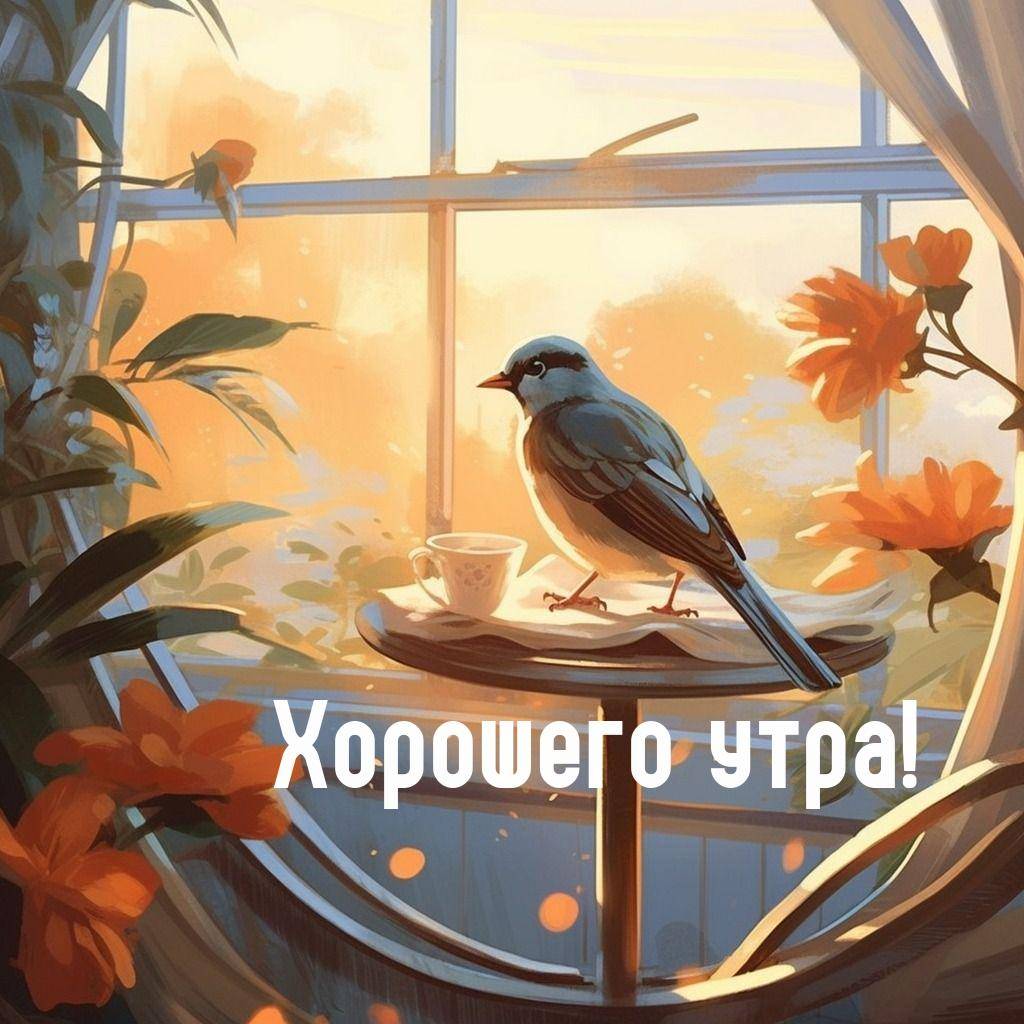 Птица на столике с чашкой у окна с цветами