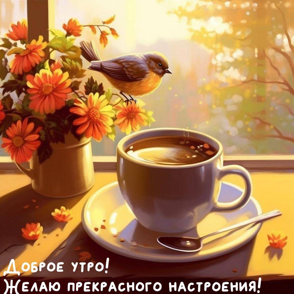 Птица на вазе с цветами рядом с чашкой кофе