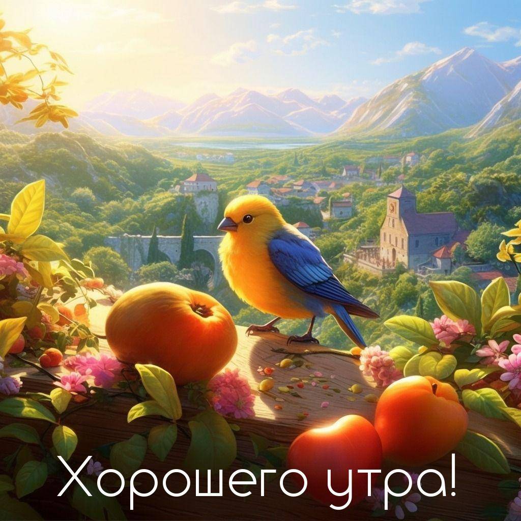 Птица на ветке с фруктами, горы