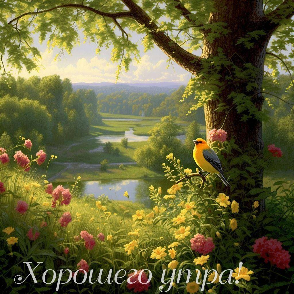Птица на ветке среди цветущей природы