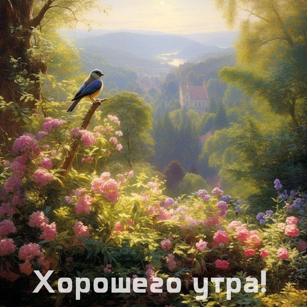 Птица на ветке среди цветущих кустов, зеленые холмы и дом