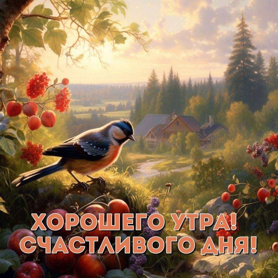 Птица на ветке среди ягод и зелени