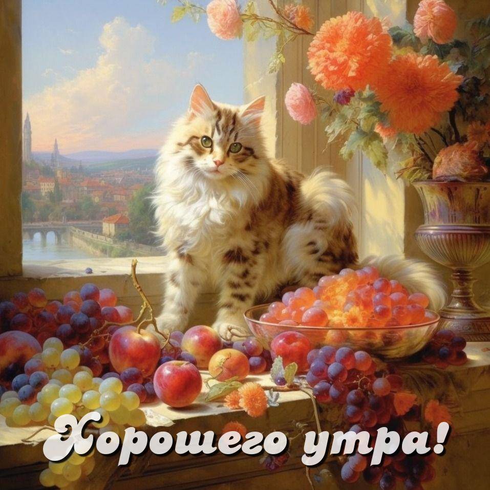 Пушистый кот сидит рядом с фруктами на столе