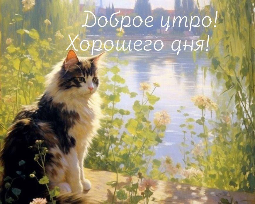 Пушистый кот у воды среди цветов и деревьев
