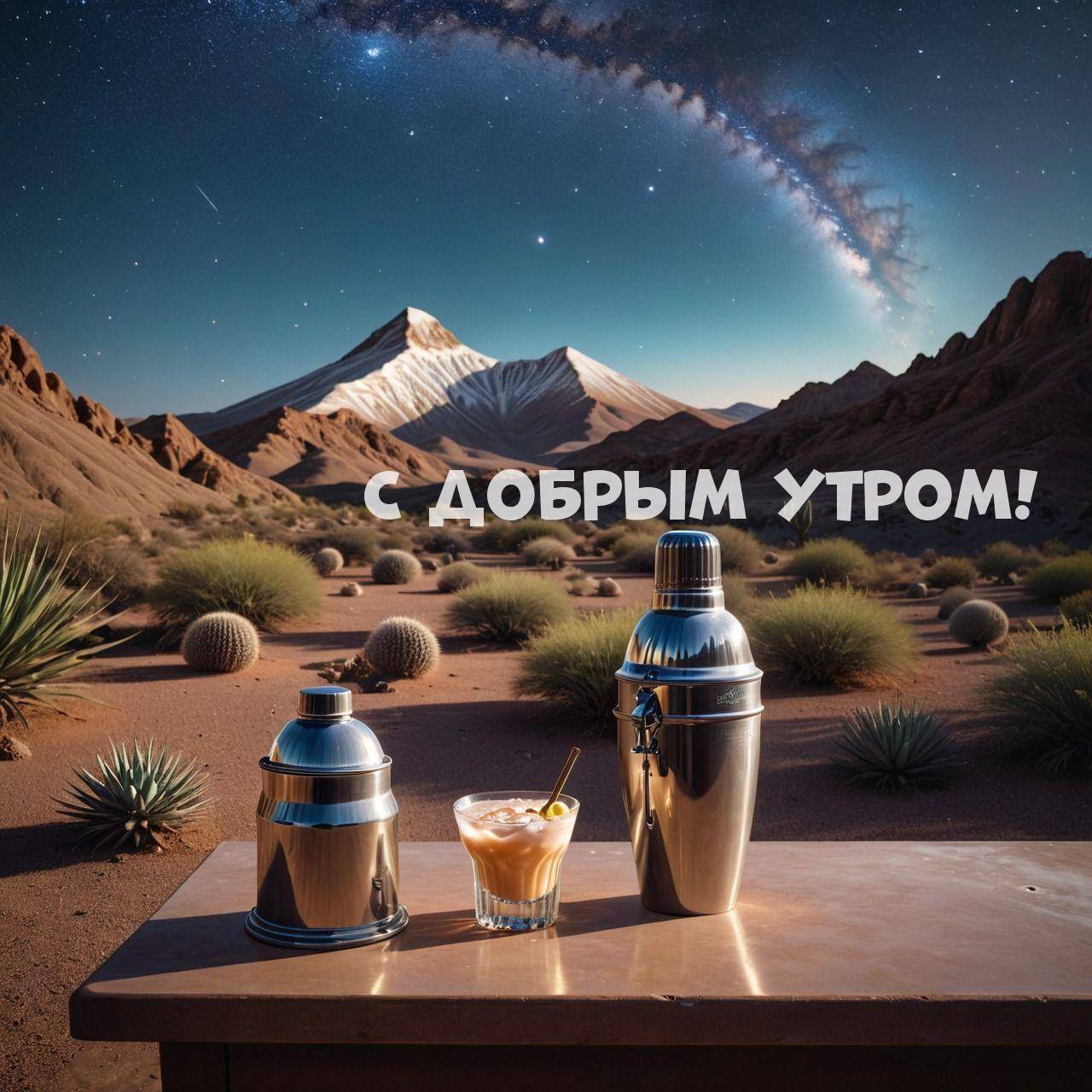 Пустыня, гора с снегом, термосы на столе