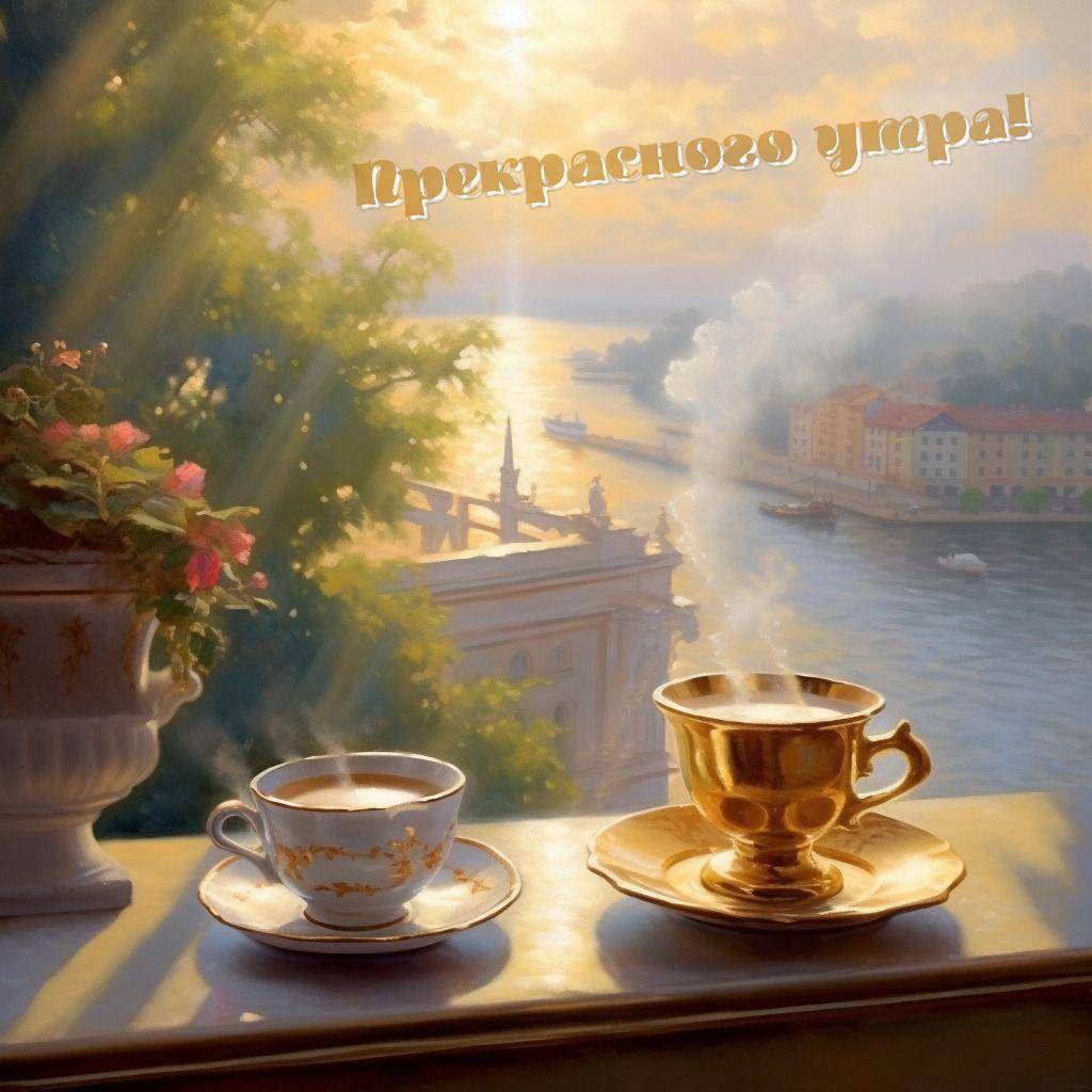 Раннее утро, чашка кофе на подоконнике, вид на реку