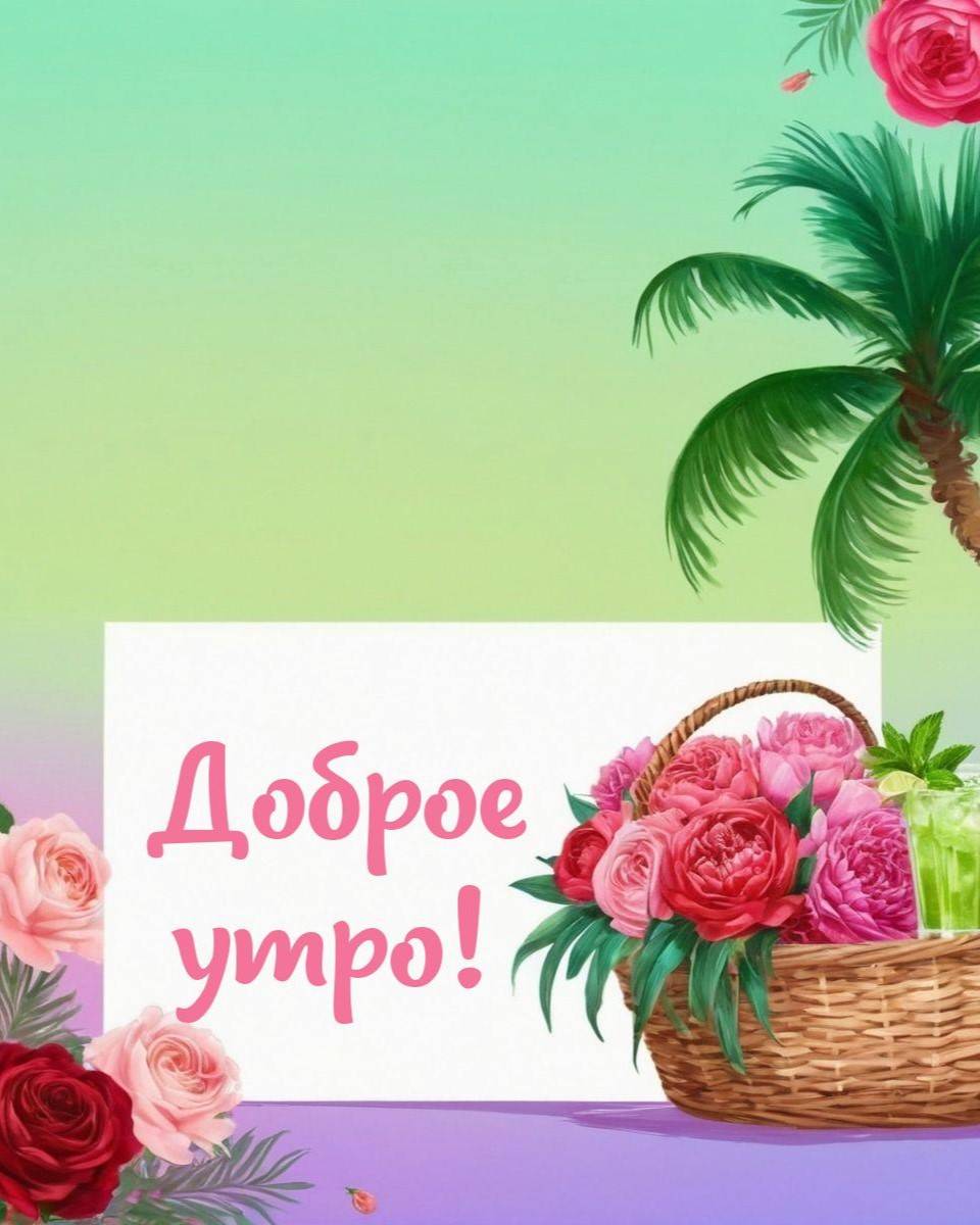 Рассвет с пальмой и цветами в корзине